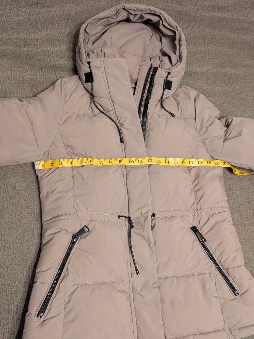 DKNY Taupe Hooded Puffer Jacket Coat Medium | Adjustable Waist Winter Parka - Picture 11 of 12